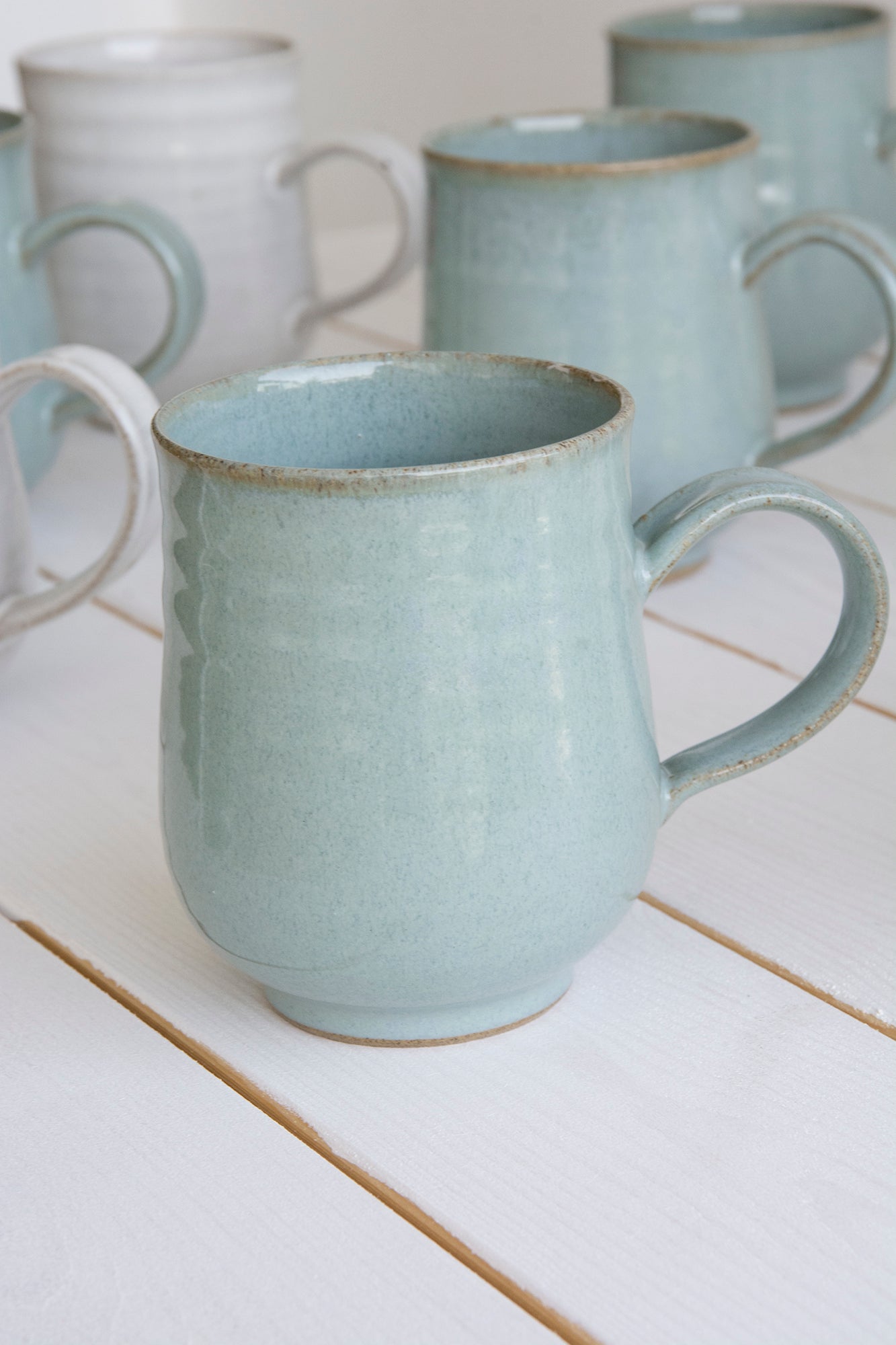 Set of 6 Pottery Coffee Mugs in Light Blue Steel, 10 fl oz - Mad About Pottery- Mugs and Cups