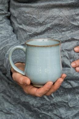 Set of 6 Pottery Coffee Mugs in Light Blue Steel, 10 fl oz - Mad About Pottery - Mugs and Cups