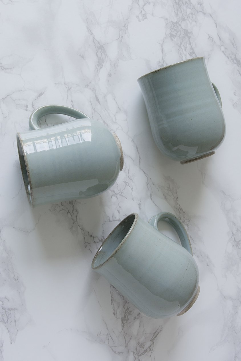 Set of 6 Pottery Coffee Mugs in Light Blue Steel, 10 fl oz - Mad About Pottery - Mugs and Cups