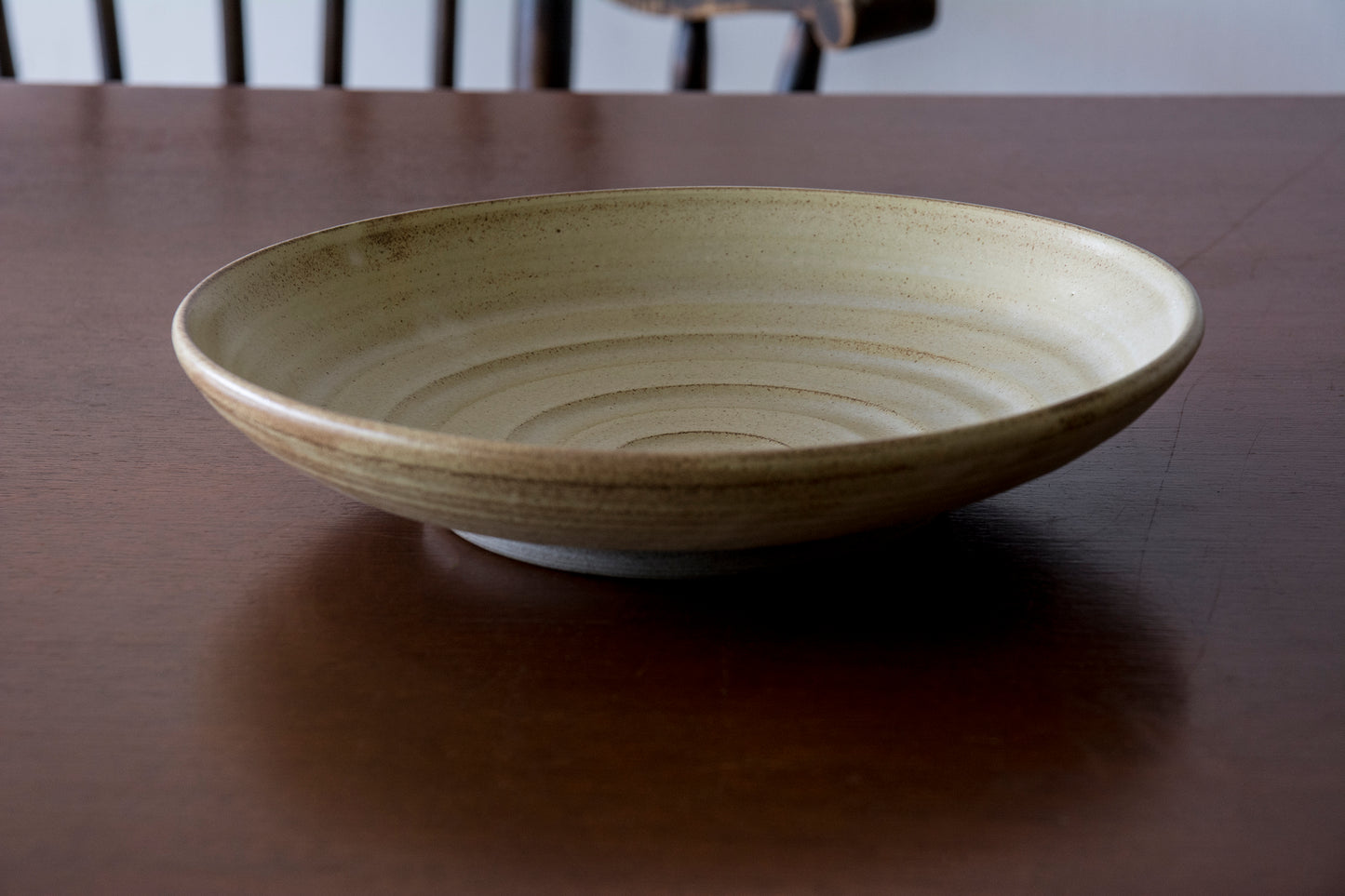 Handmade straw yellow speckled ceramic bowl, 26cm wide low serving dish
