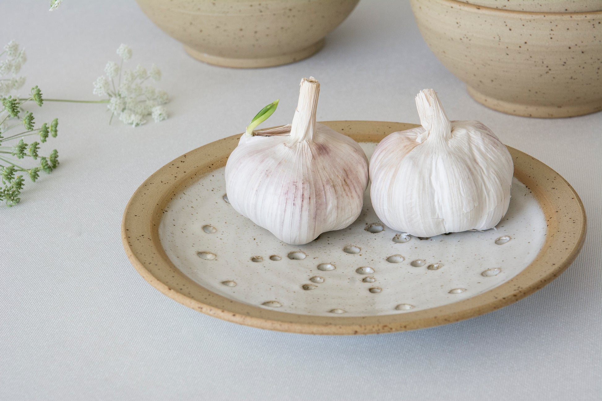 Two garlic bulbs on a ceramic plate with a light background