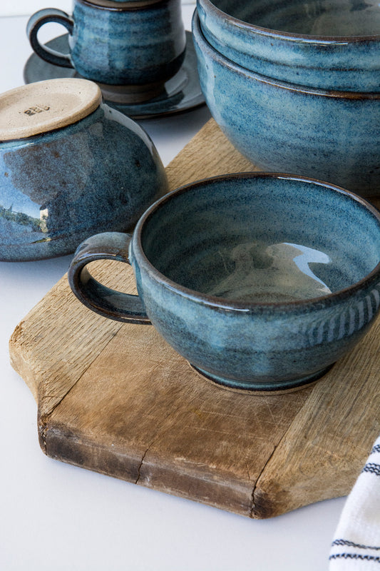 Handmade Pottery Blue Cappuccino Cup & Saucer