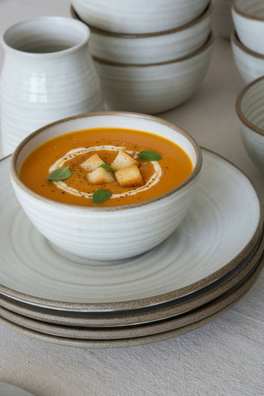 Artisan stoneware bowl in natural white glaze, textured with subtle throwing rings.