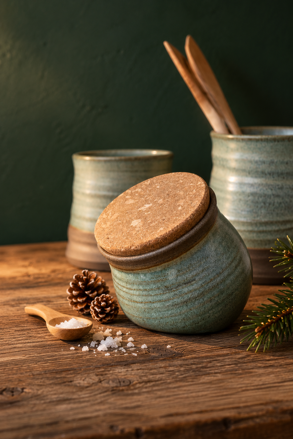 A ceramic spice jar with a cork lid in a sage green glaze, styled on a rustic wooden table with pinecones, a wooden spoon of coarse salt, and holiday greenery, with two matching jars in the background.