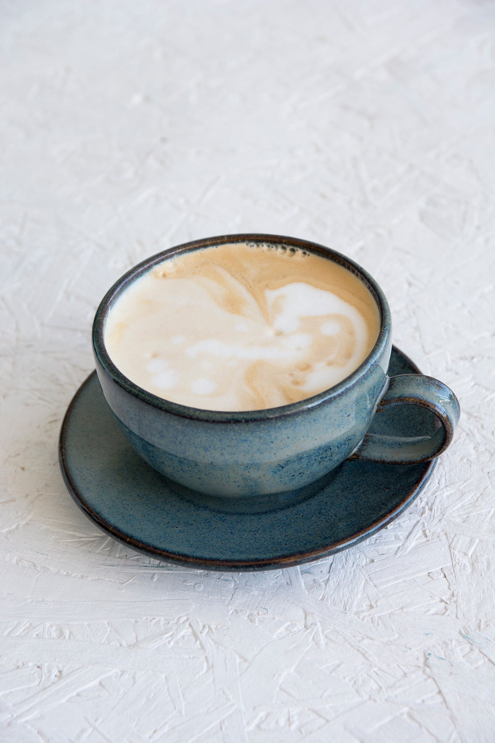 Pottery Cappuccino Cup and Saucer, Blue and White 