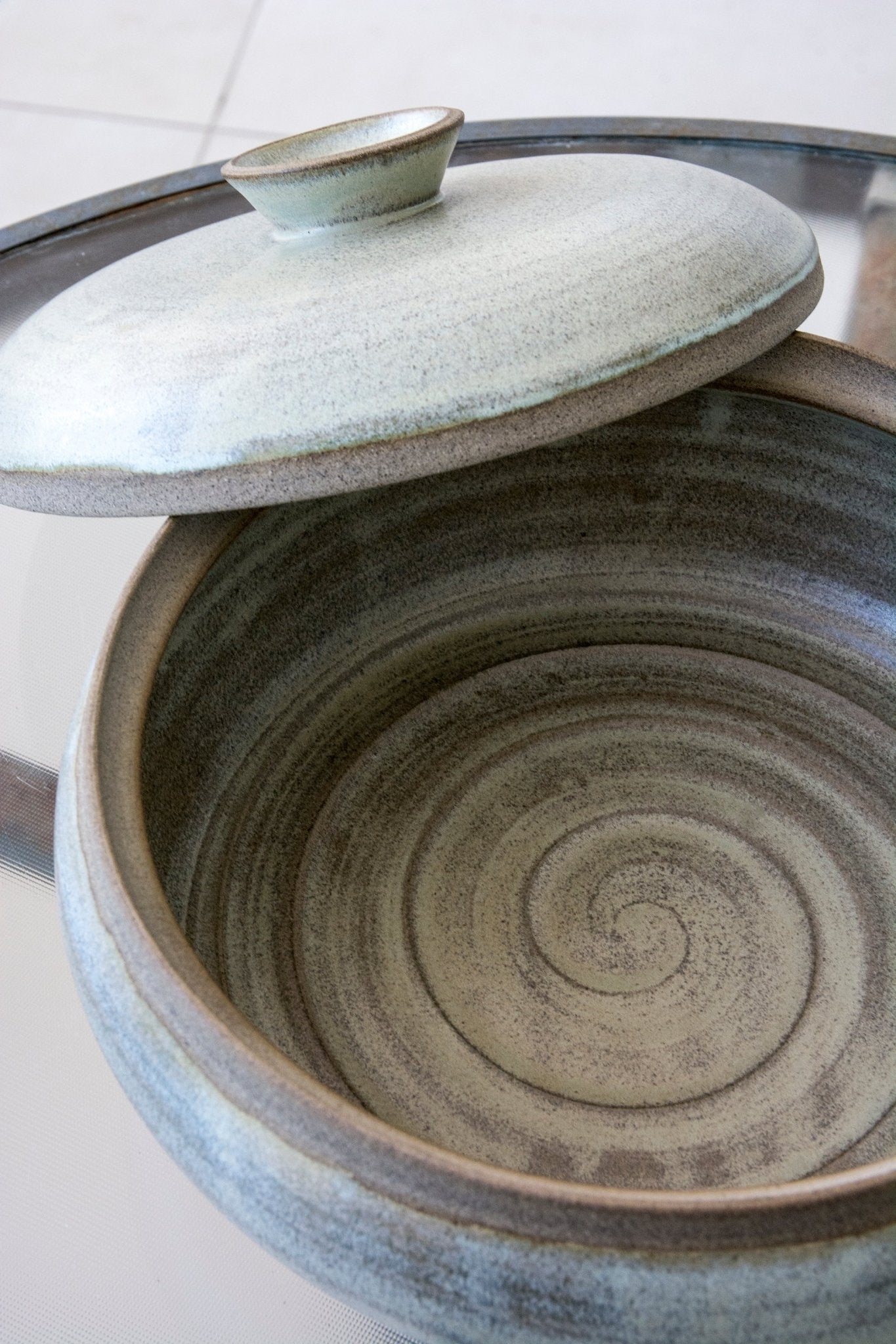 Artisan Stoneware Casserole Dish with Lid Green Sage Blue