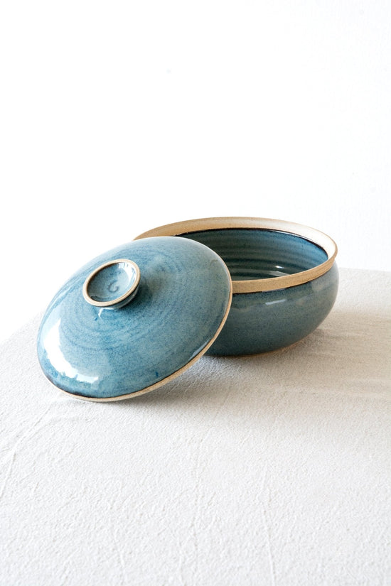 Artisan Stoneware Casserole Dish with Lid Green Sage & Blue Glaze