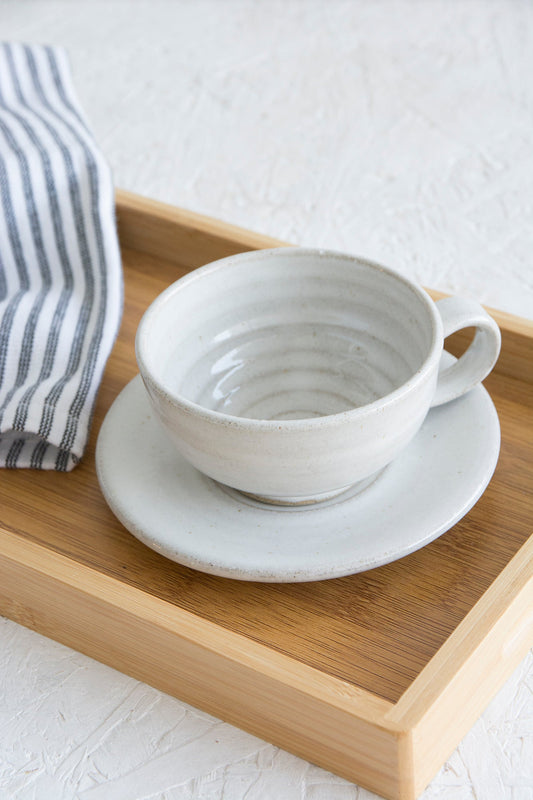 Hand-Thrown White Cappuccino Cup & Saucer - Mad About Pottery- Mug