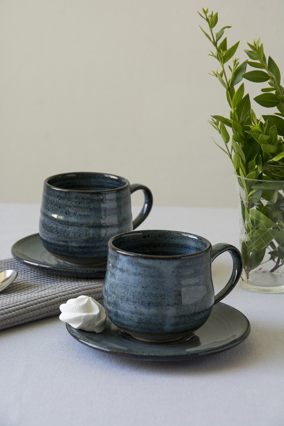 Handmade Pottery Blue Cappuccino Cup with a Saucer by Mad About