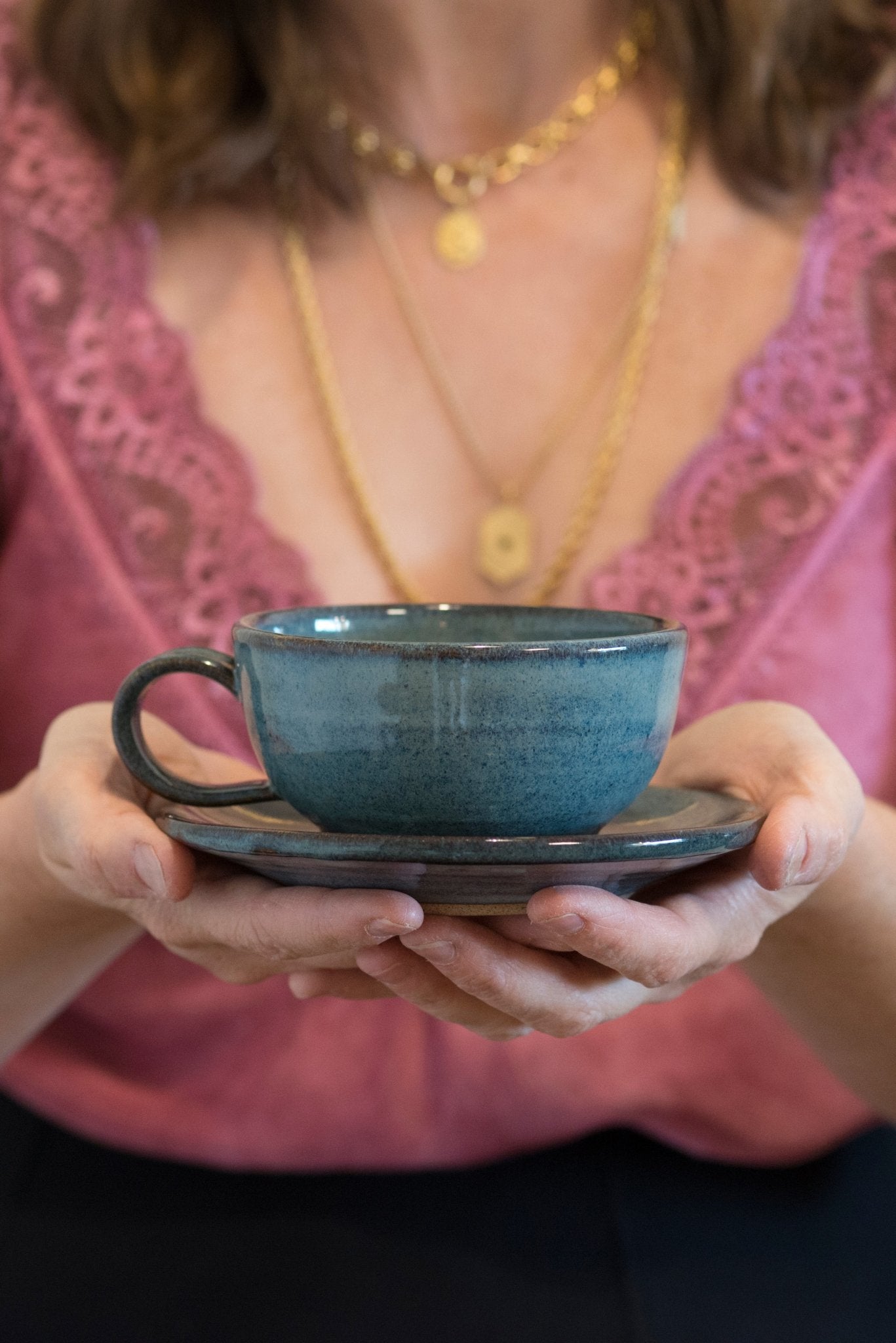 Handmade Pottery Blue Cappuccino Cup & Saucer