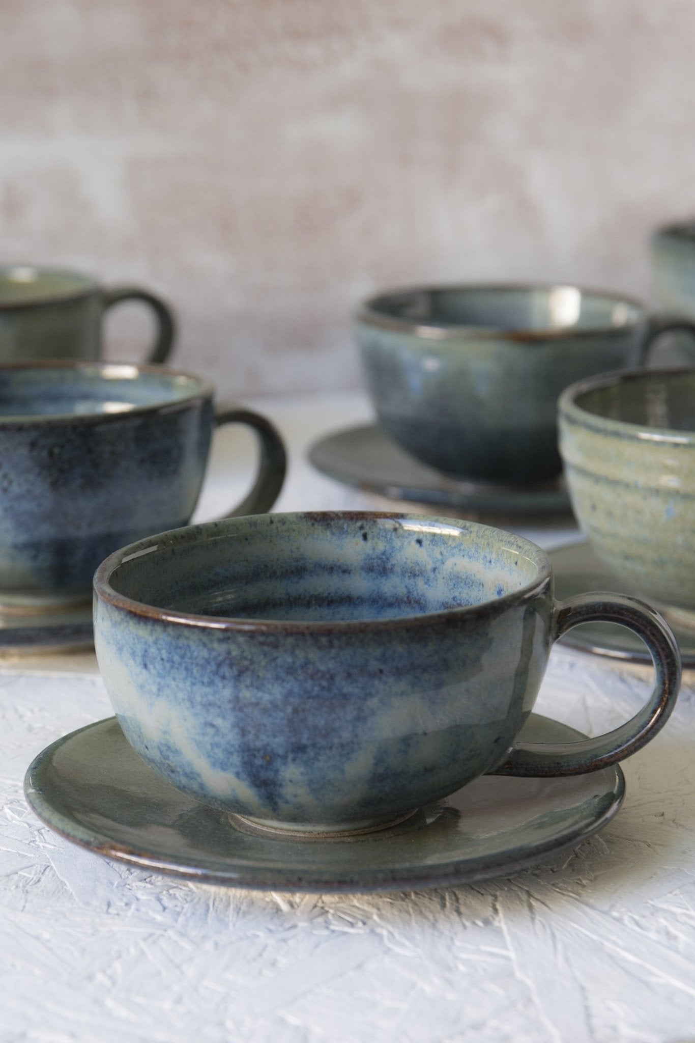 Pottery Cappuccino Cup and Saucer, Blue and White 