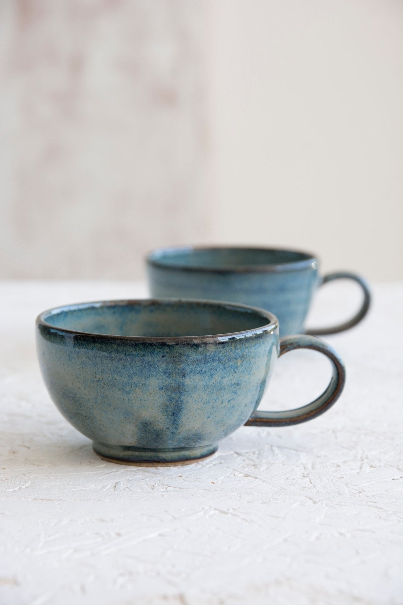 Pottery Cappuccino Cup and Saucer, Blue and White 