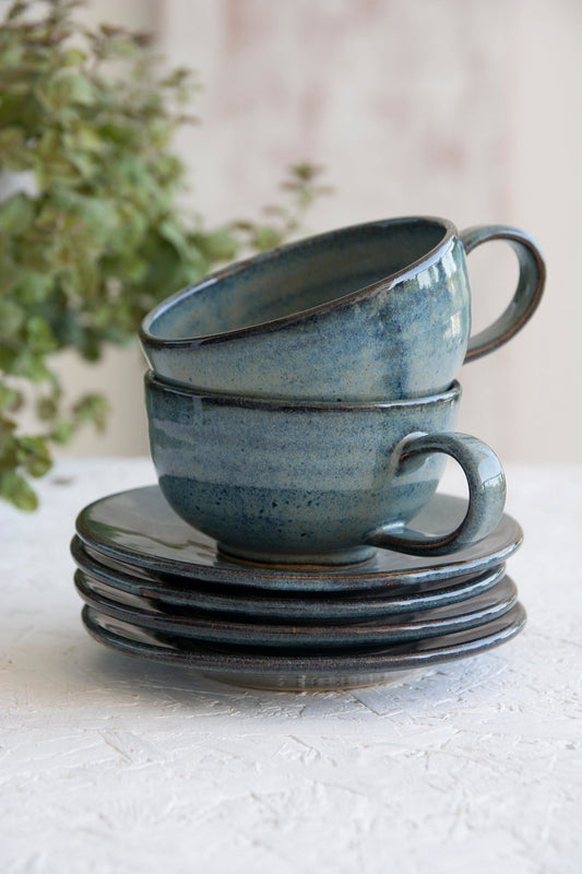 Handmade Pottery Blue Cappuccino Cup & Saucer - Mad About Pottery- Mug