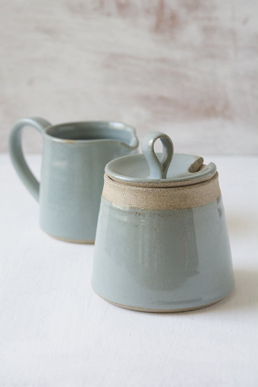 Light Blue Set of a Pottery Sugar Bowl and a Pitcher