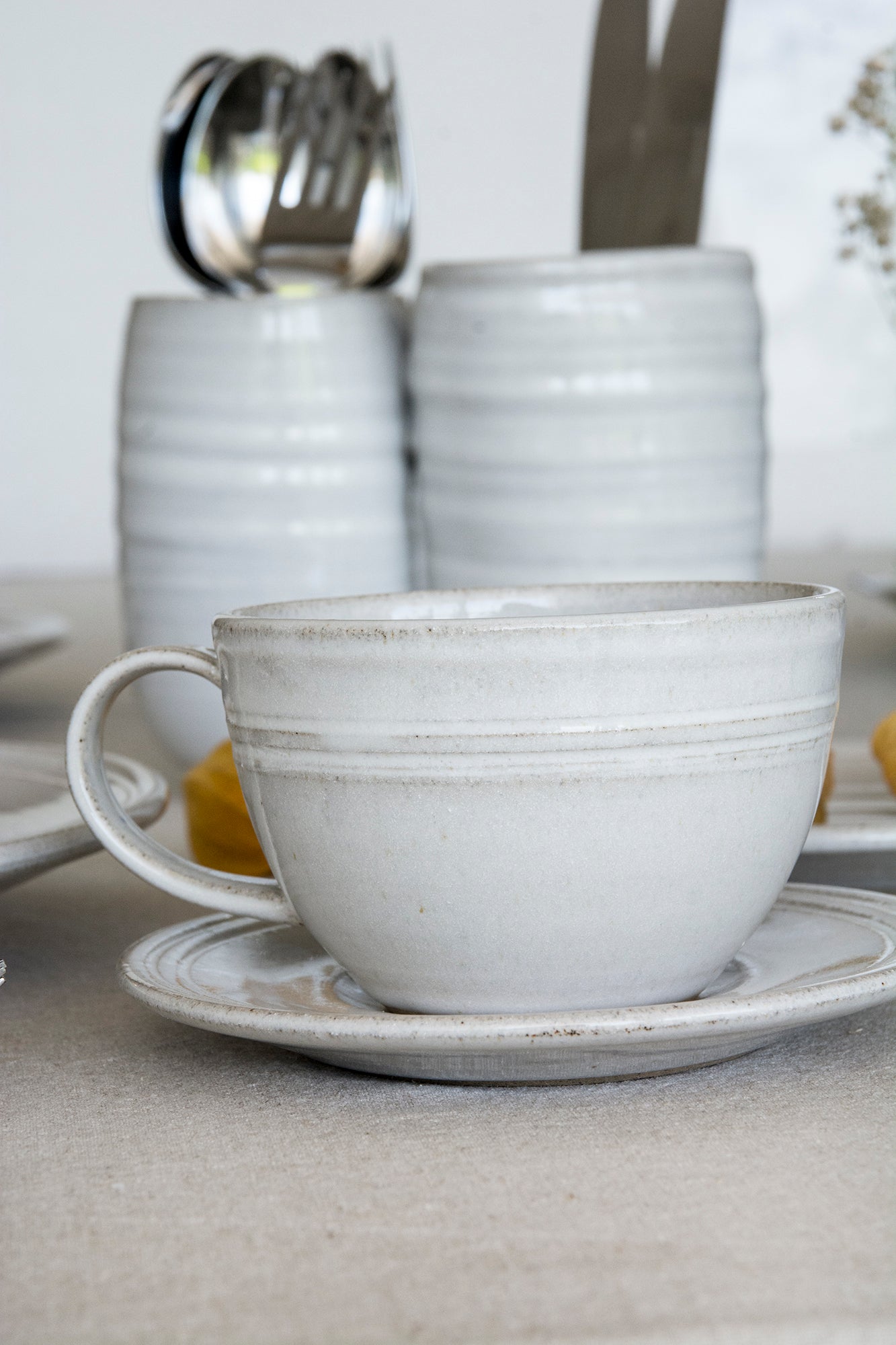 Pottery White Tea Cup and Saucer - Mad About Pottery- Mug