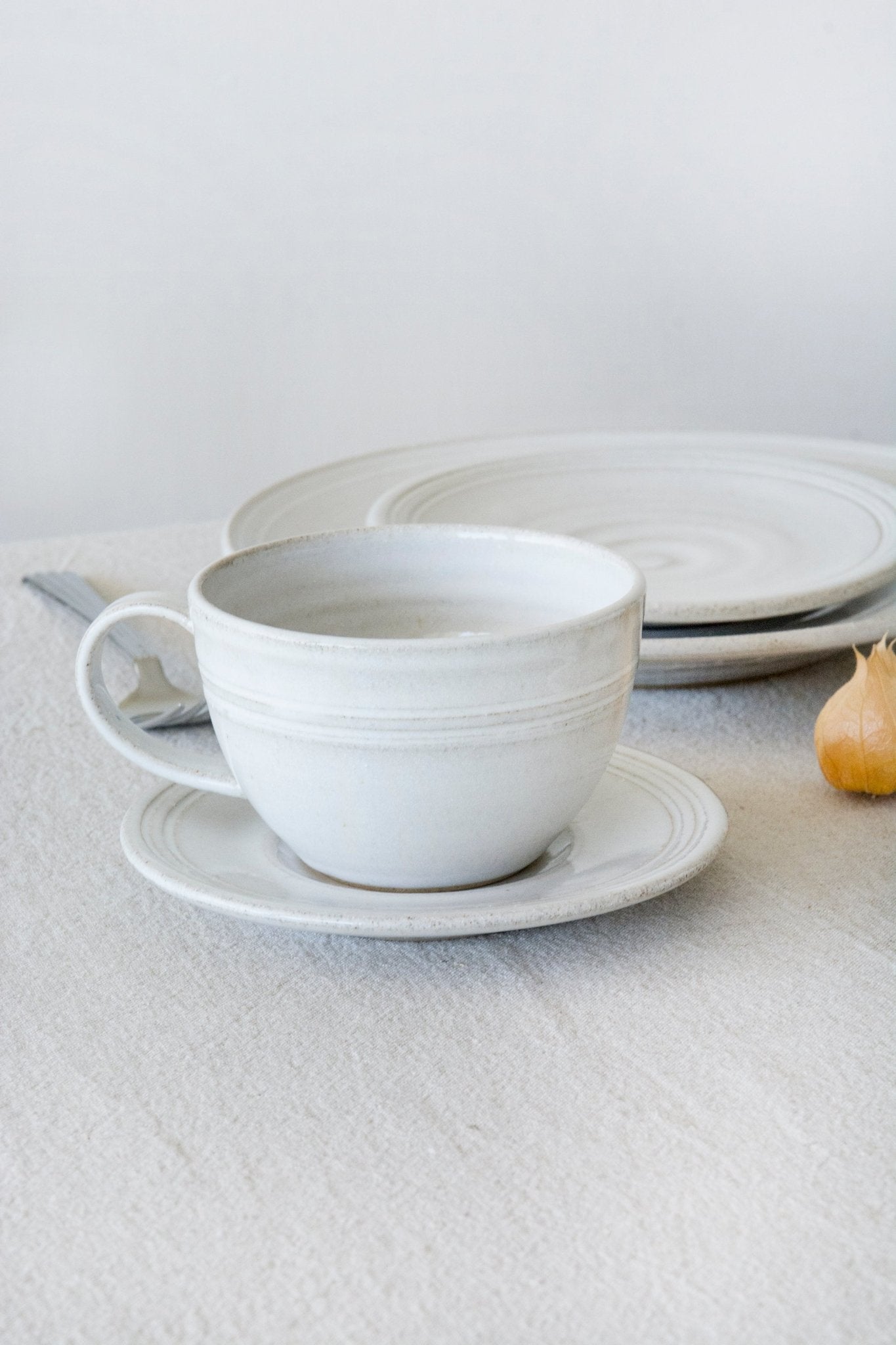 Pottery White Tea Cup and Saucer - Mad About Pottery- Mug