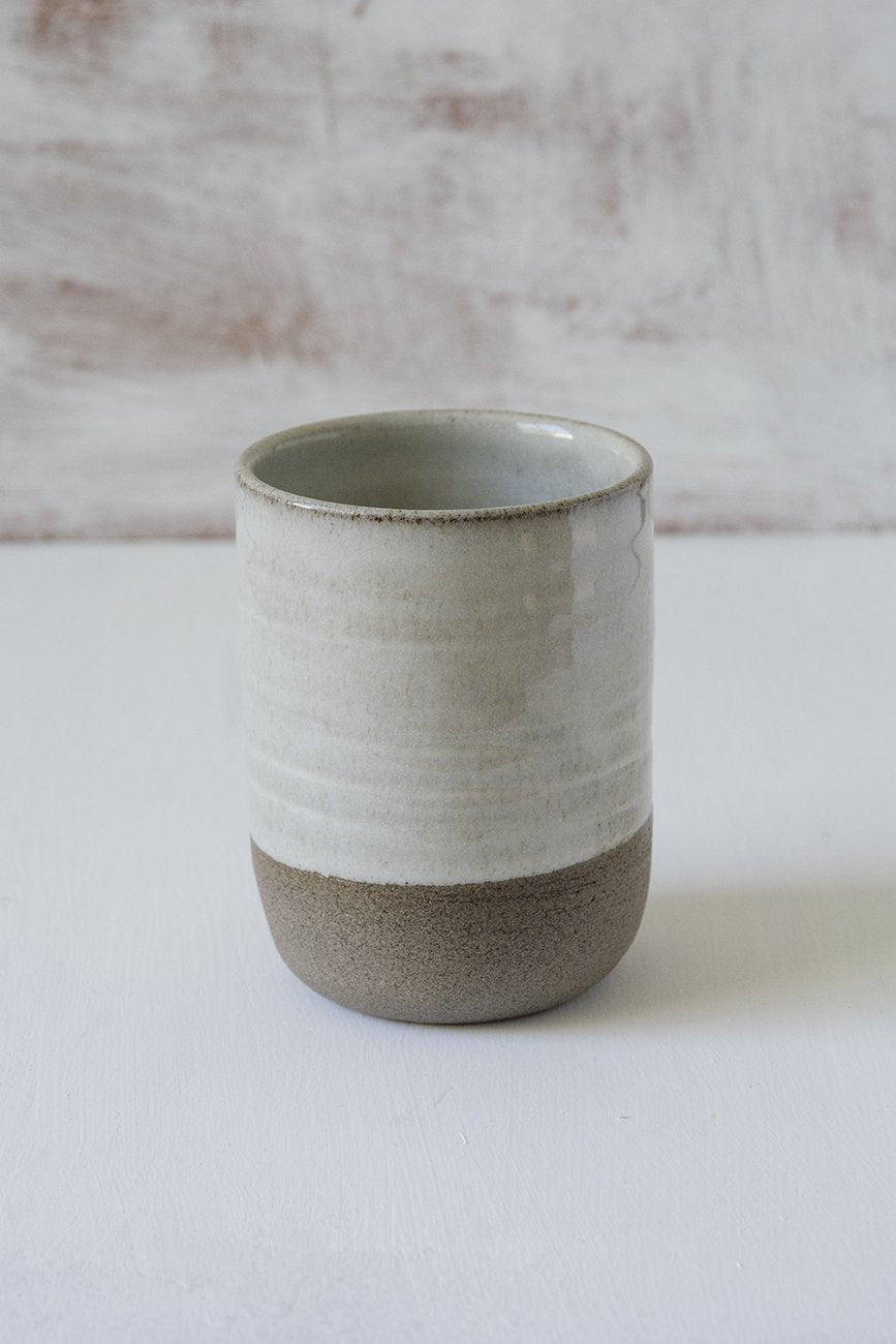 pottery white coffee tumbler, handles mug