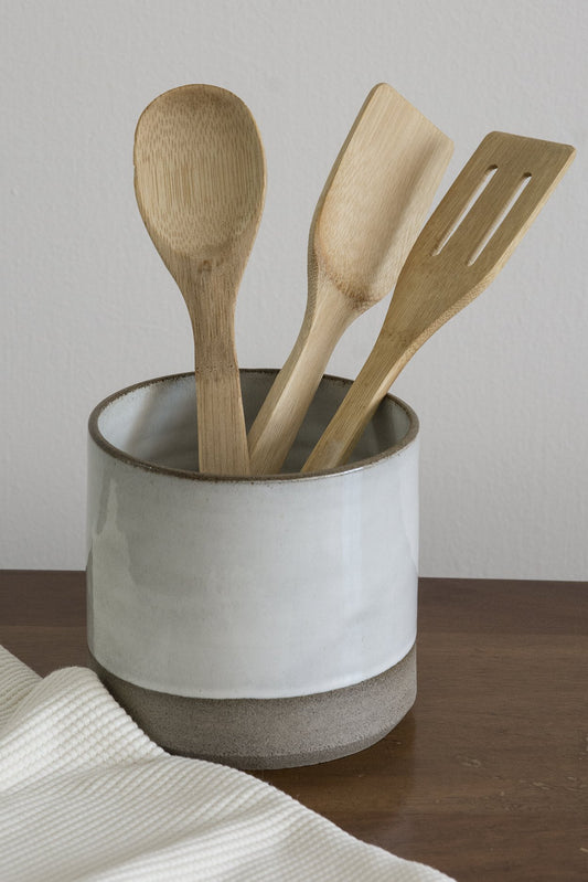 White and Gray Utensil crock - Mad About Pottery - Utensil Holder