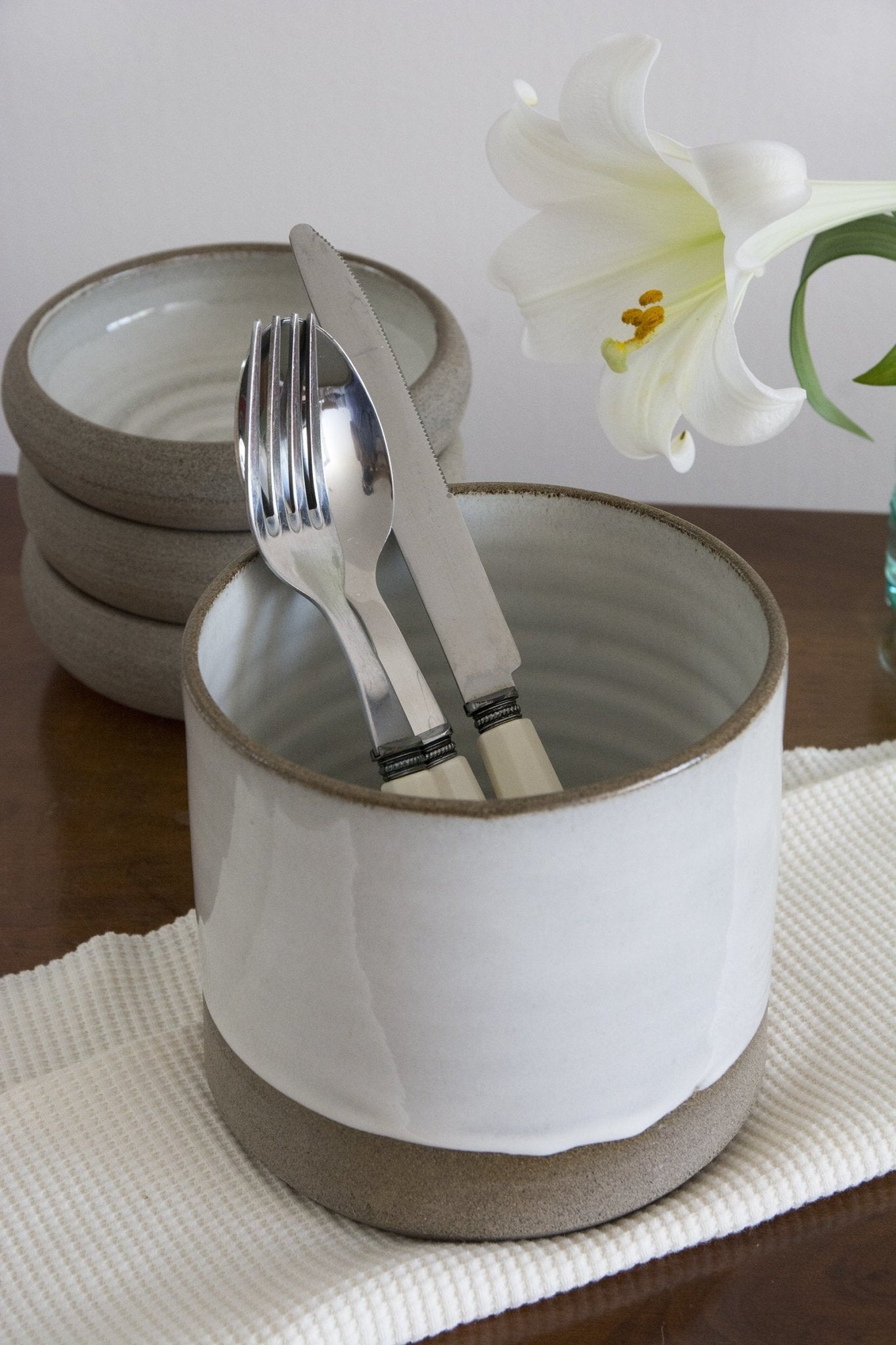 White and Gray Utensil crock - Mad About Pottery - Utensil Holder