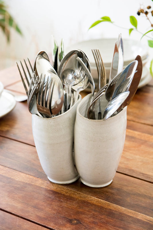 White Flatware Caddy - Mad About Pottery- Utensil Holder